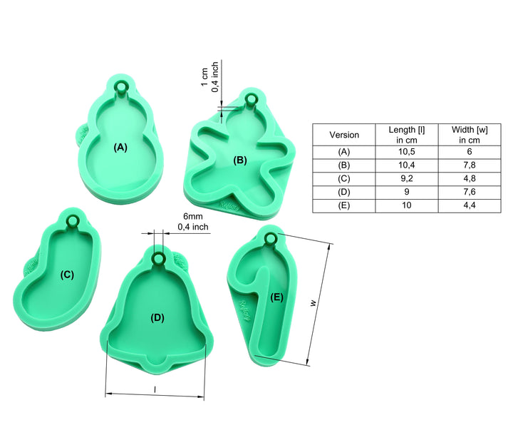 Weihnachten Ornamente Schneemann, Weckmann, Socke, Glocke, Zuckerstange Silikonform
